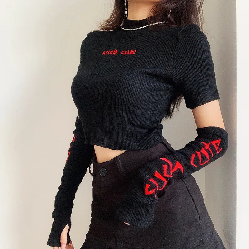 

Autumn 2020 new letter embroidery sleeve sexy short out navel T-shirt casual top women korean clothes womens clothing