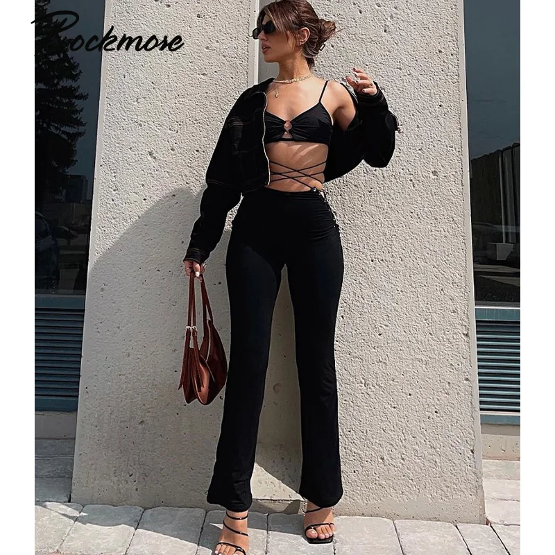 

Rockmore Black Ankle-Length Pants For Women Y2K Streetwear Casual Women'S Wide Leg Pants High Waist Bandage Trousers Capris 2021