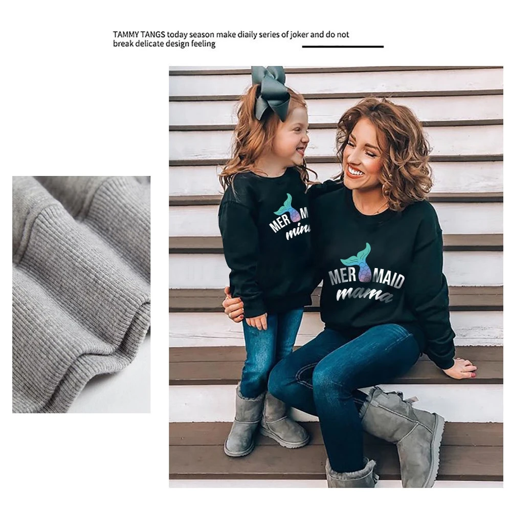 

Baywell Autumn Winter Mermaid Mini Mama Letter Printed Long Sleeve Sweatshirt For Mom and Girl Family Matching Outfits Clothes