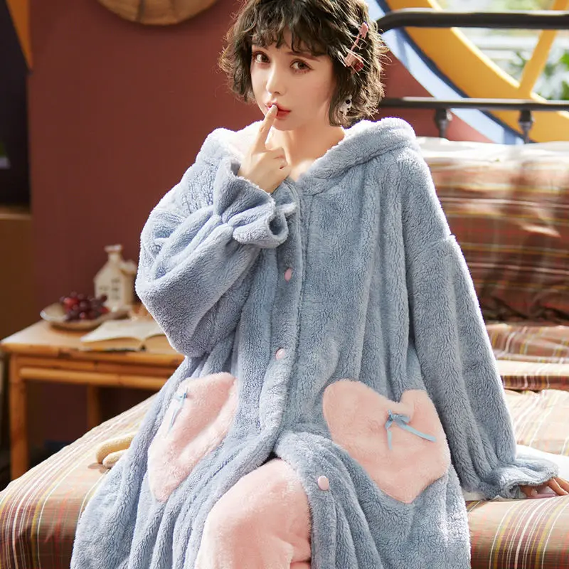 2020 осенне-зимняя женская ночная рубашка с капюшоном и оборками теплая Фланелевая