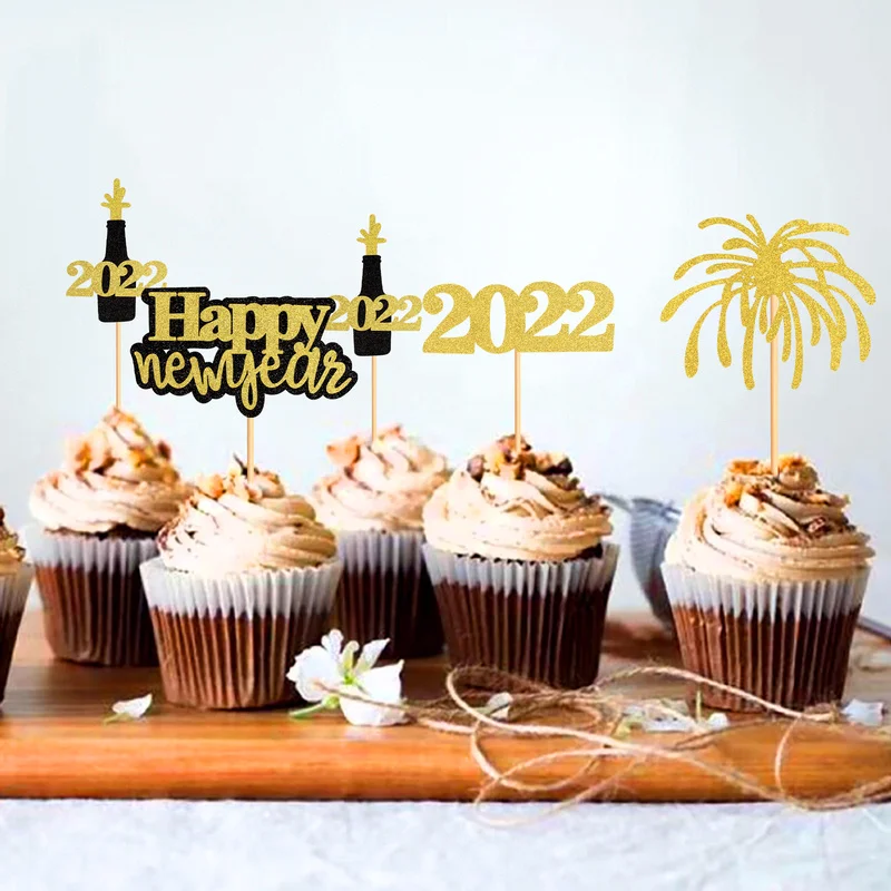 4 Uds Feliz A&ntilde;o Nuevo Cupcake Topper selecciones de pastel para A&ntilde;o Nuevo 2022 Eve cumplea&ntilde;os Navidad tarta casera decoraci&oacute;n de fiesta bandera-2