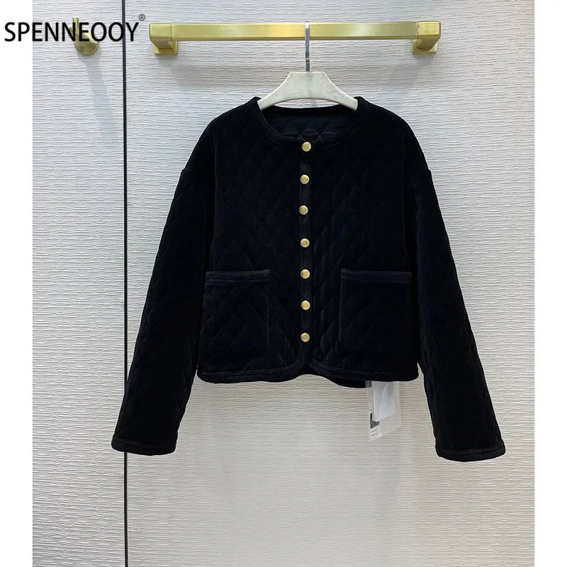 

Женская винтажная бархатная куртка SPENNEOOY, черная однобортная стеганая куртка с длинным рукавом на осень и зиму