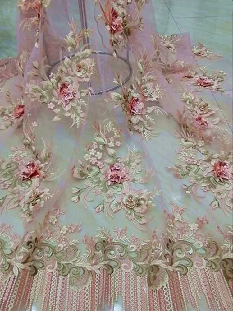 

High quality sequin 3D embroidery French mesh tulle African lace fabric designer DIY Wedding dress Skirt Fabric 5yards