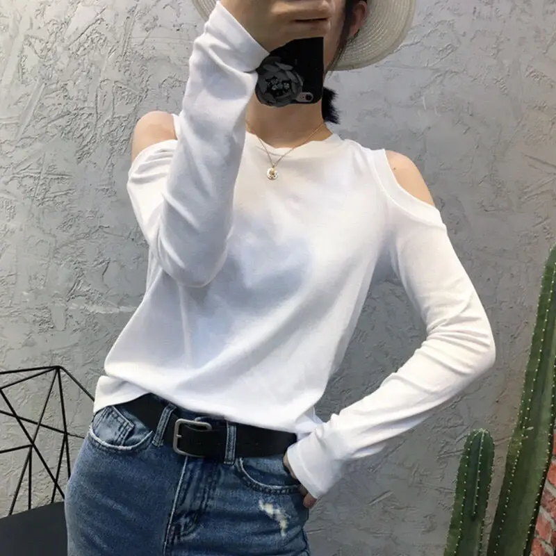 

2020 autumn new Hong Kong chic sexy off the shoulder T-shirt women's fashion net red loose long sleeve top