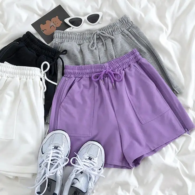 

Loose zippered wide leg casual elastic solid color high waist shorts women