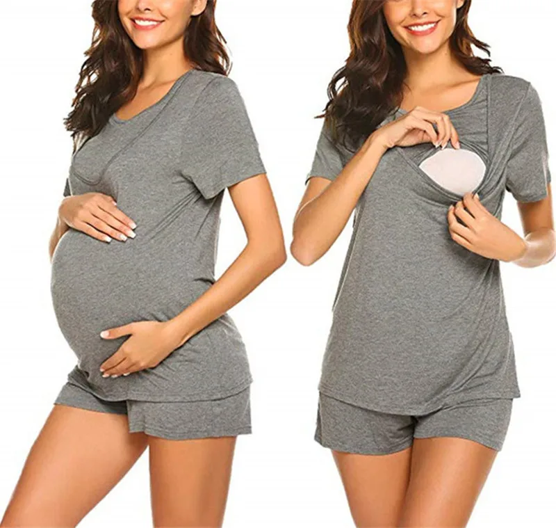 

Maternity Nursing Pajamas Nightgown Clothes Pregnant Women Pajamas Set Breastfeeding Sleepwear Nightwear Home wear Tops+Shorts