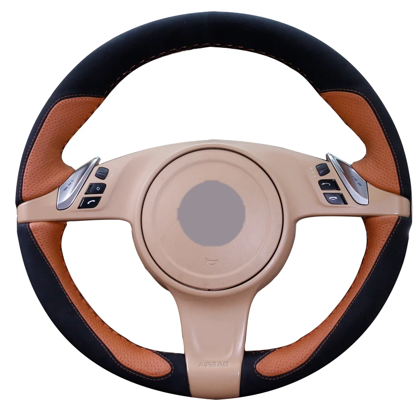 

Black Suede Brown Leather Car Steering Wheel Cover for Porsche Cayenne Panamera 2010 2011