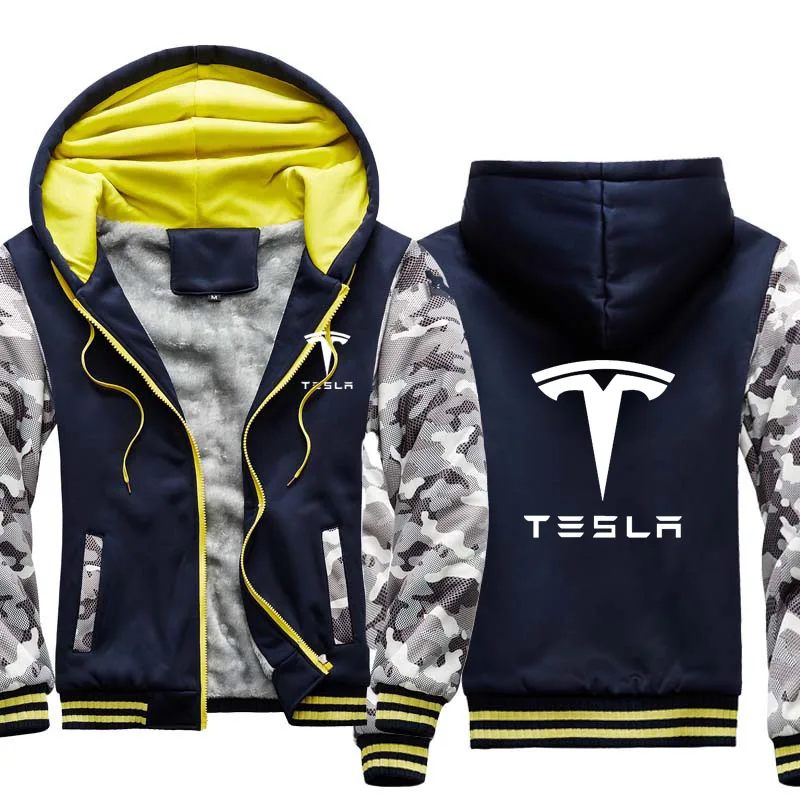 

Unisex Winter Men's jackets Tesla car Logo Casual Camouflage Hoodie Thicken Warm Wool Fleece Men's Zipper Sport Jacket