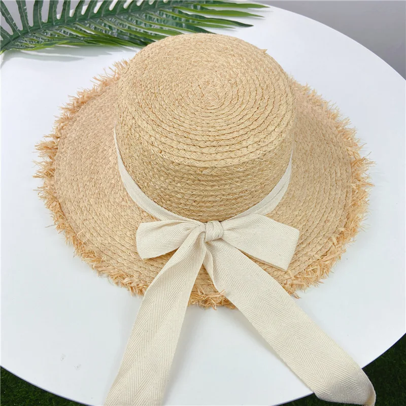 

New Handmade Women Summer Sun Hat Fashion Raffia Big Brim Black White Bow Ribbon Straw Hat Panama Outdoor Vacation Beach Hat
