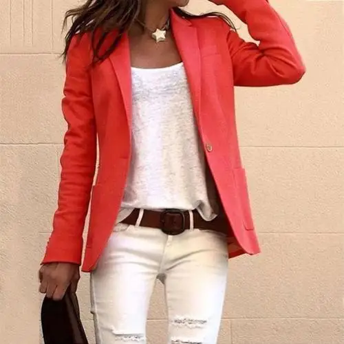 Watermelon Red Americana mujer Офисные женские туфли однотонные Цвет на одной пуговице Блейзер длинный рукав костюм куртка базовое пальто americanas mujer - Цвет: Watermelon Red