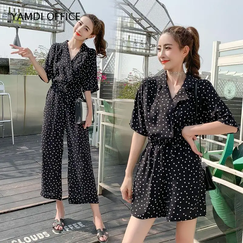 Женский шифоновый комбинезон YAMDI винтажный в горошек с коротким рукавом и
