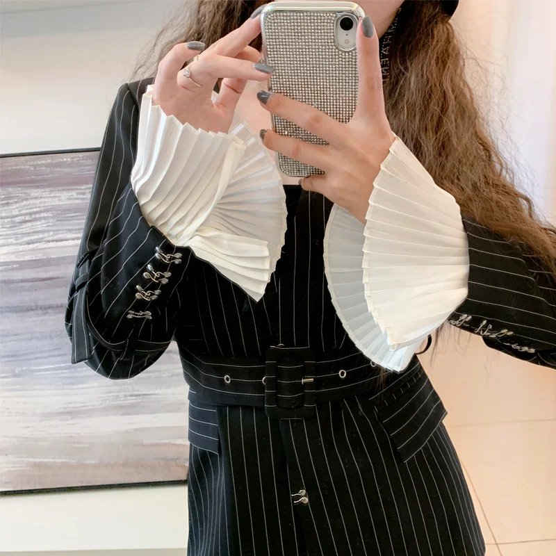 2020 стильный темно синий полосатый мини костюм женское осеннее платье средней