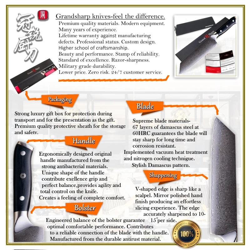 Набор кухонных ножей для шеф повара GRANDSHARP японских vg10 из дамасской стали Kiritsuke