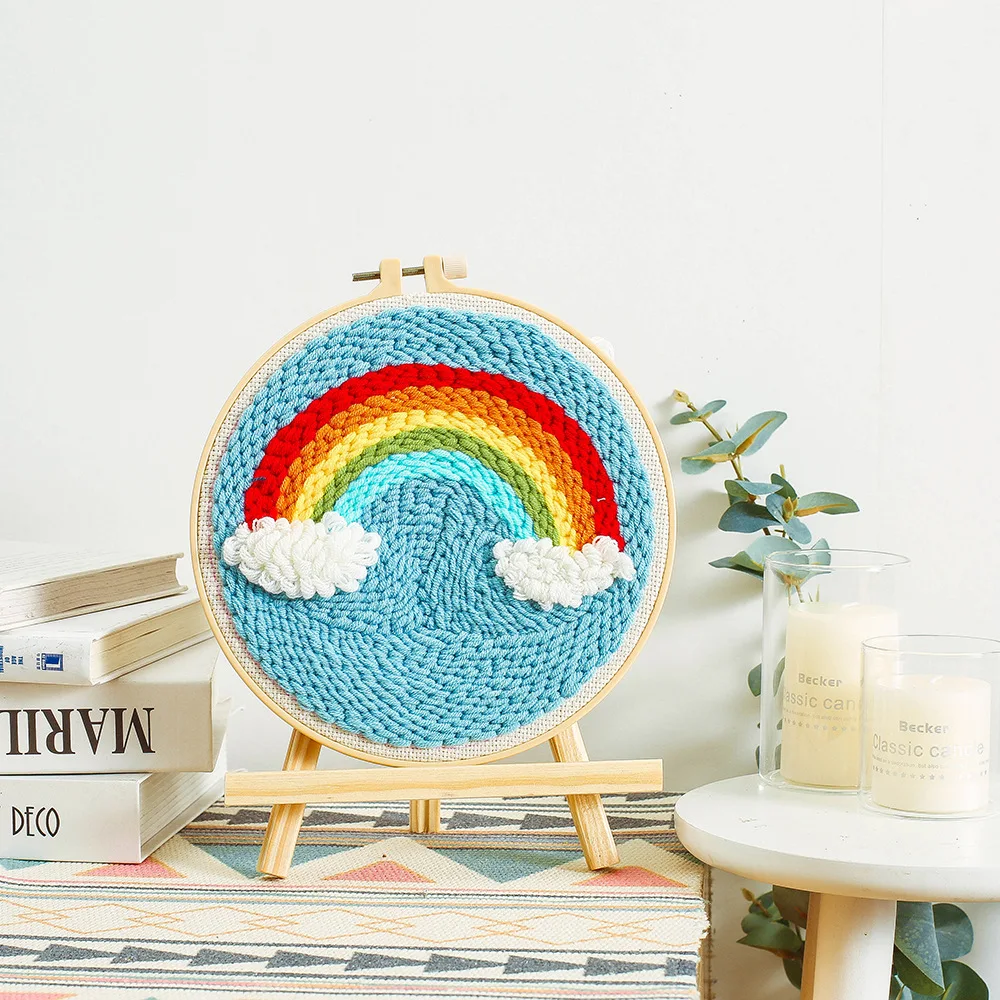 Rainbow Colorful DIY Punch Needle Embroidery Kit with Hoop Cross Stitch Set for Beginner Handmade Sewing Art Craft Home Decor Gi | Дом и сад