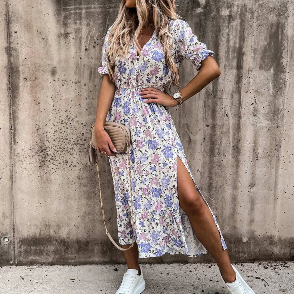 

Summer Floral Pattern Slim Dress 2021 New Casual Short Sleeve High Waist Dresses Female Sexy V-Neck Outdoor Colorful Dress