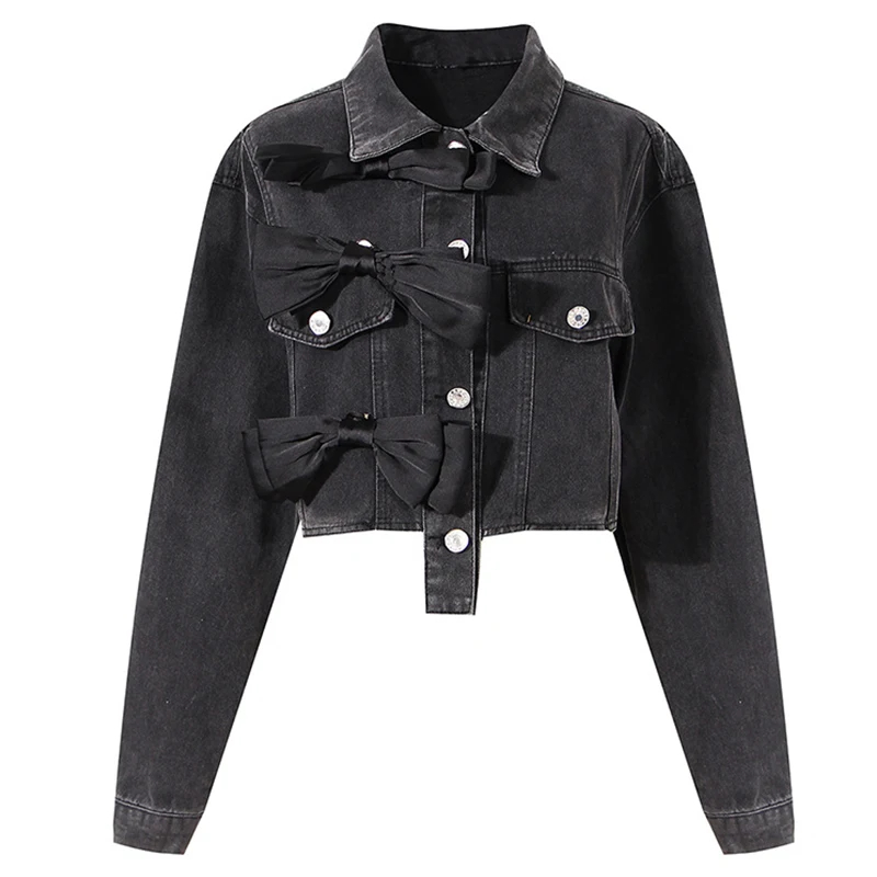 

Women Black Short Denim Jakcet Bow Spring Autumn Casual Jeans Jacket Coat