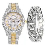 full iced out watch bracelet for men bling miami cuban chain bracelet watches men hip hop luxury gold watch set women relojes