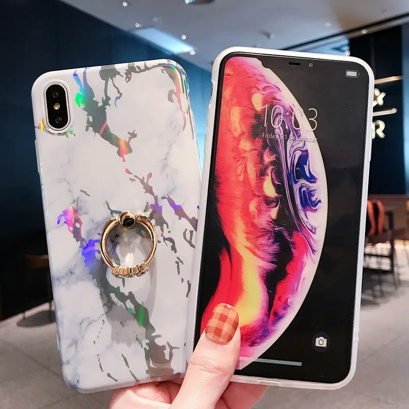 Роскошный чехол с лазерным мрамором для iPhone 7 8 Plus 6 6s чехлы кольцом-держателем X XS