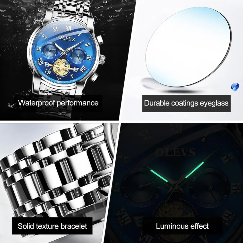 OLEVS мужские часы Роскошные с хронографом из нержавеющей стали спортивные