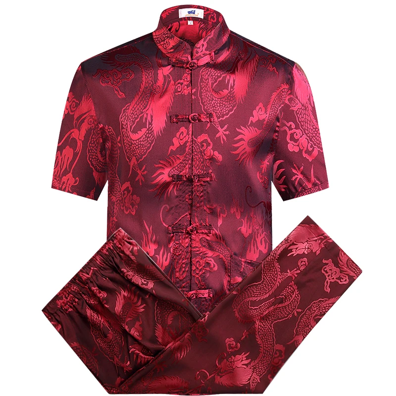 

Red Plus Size Chinese Traditiona Men's Tang Suit Sets Short Sleeve Long Pants Kung Fu Suit High Quality Silk Wu Shu Tai Chi Sets