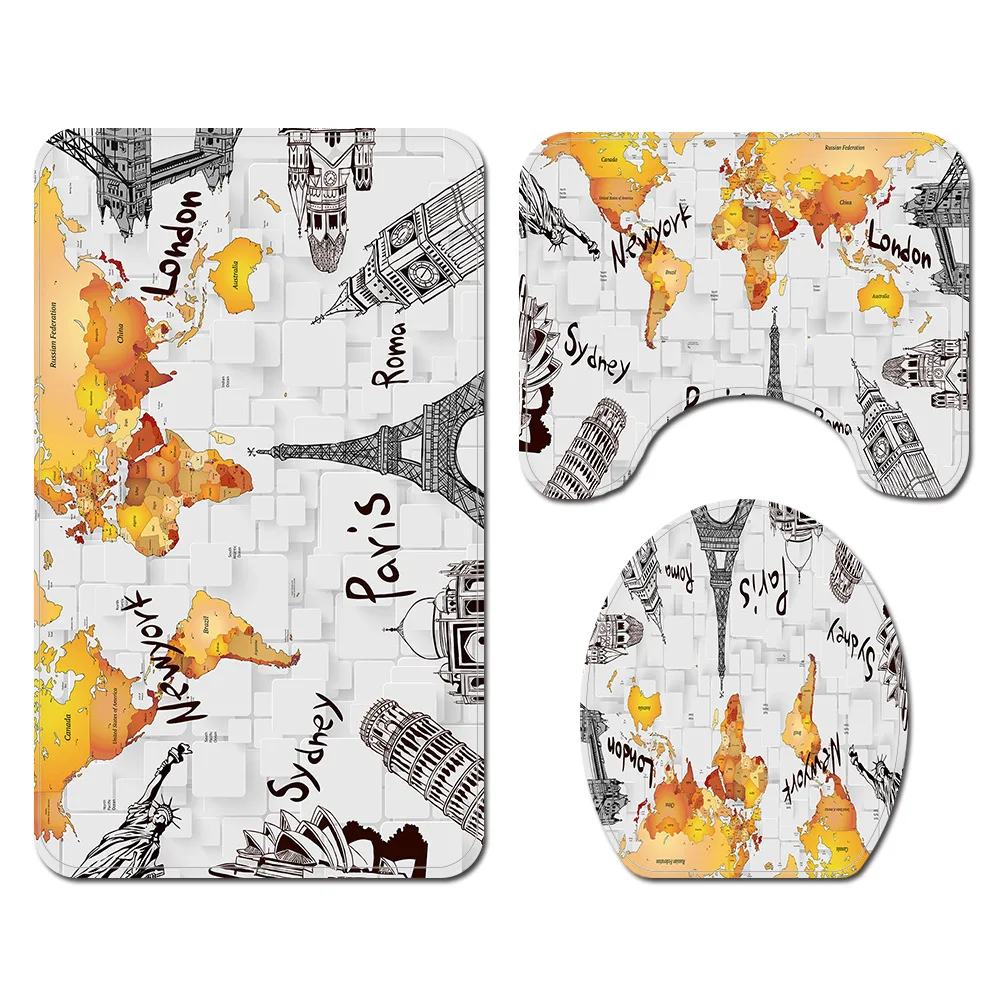 

Bath mat set world landmark architectural printing shower curtain absorbent U-shaped toilet carpet non-slip mat