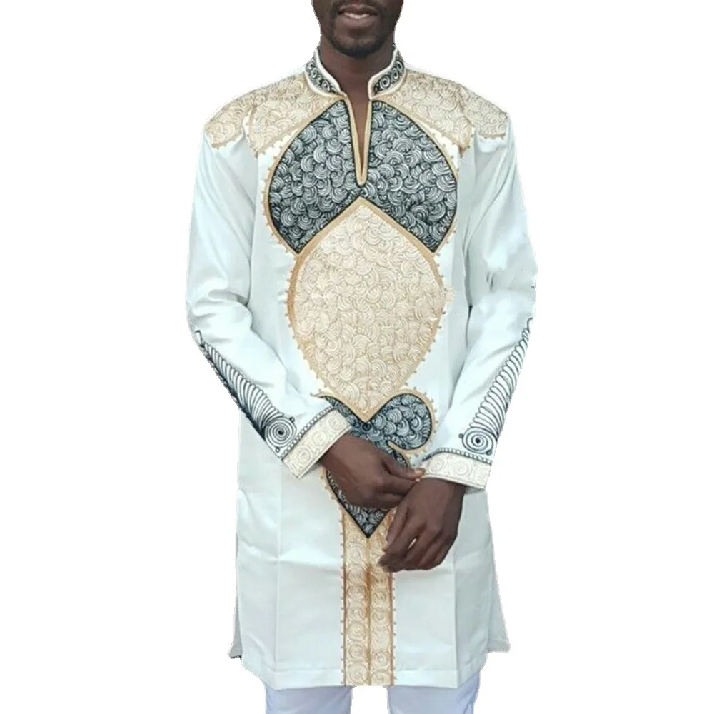 

New Four Seasons Muslim Men's Shirt Islamic Clothing Printing Vertical Color Shirt Kurta Ethnic Printing Long-sleeved Shirt Men'