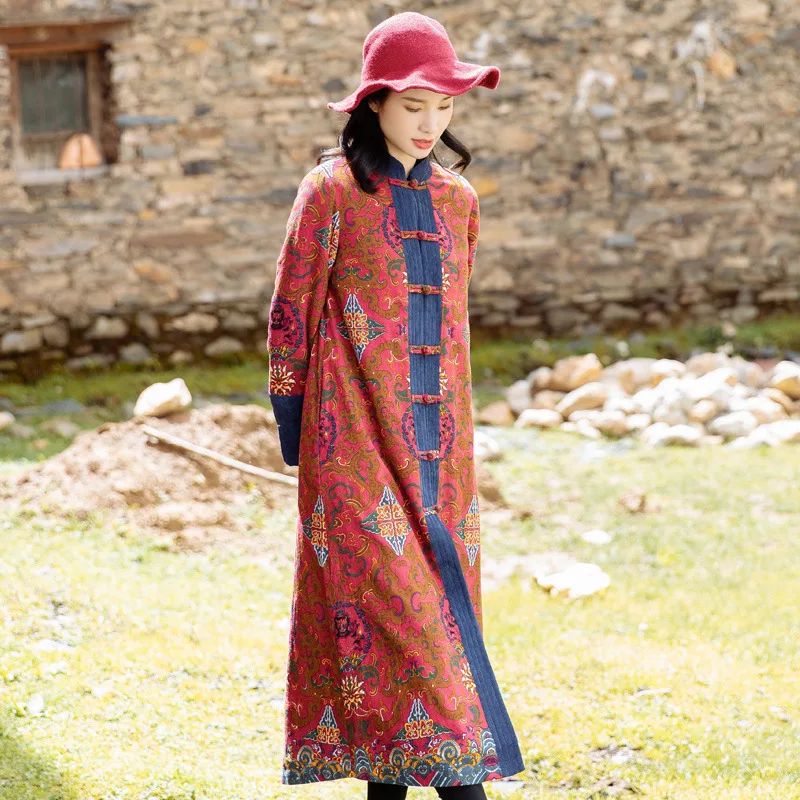 Autumn and winter Tibetan style women's clothing retro Chinese style Tang style coat Chinese style long loose windbreaker
