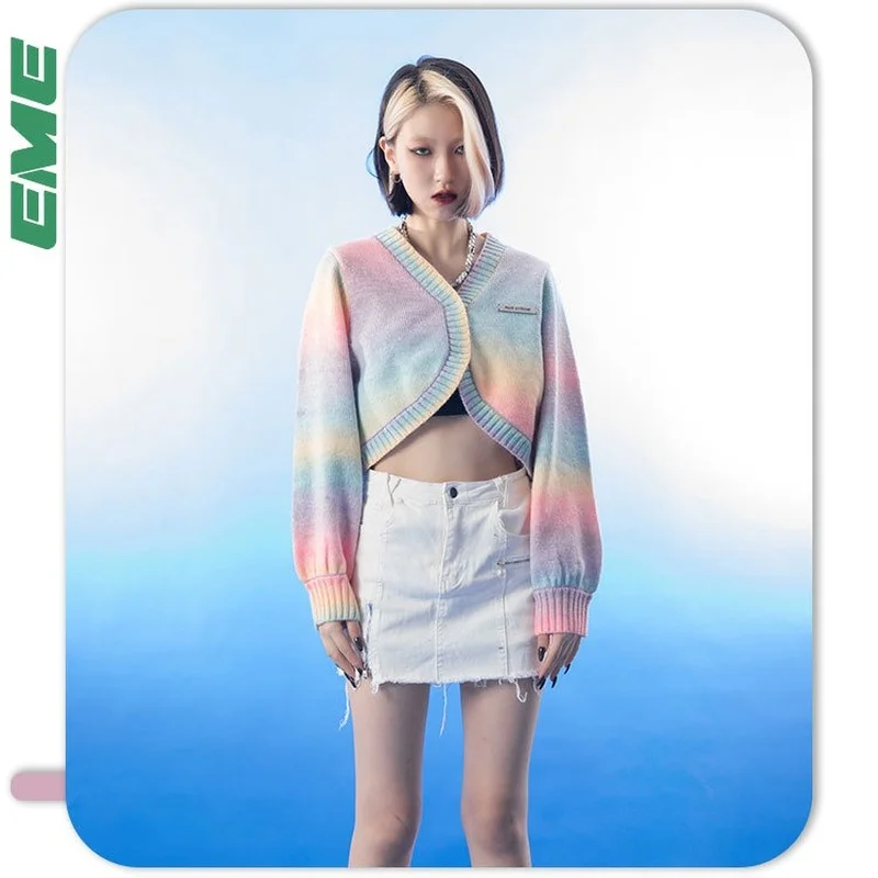 

MADEEXTREME Rainbow color short sweater korean fashion short cardigan sweater fall cropped navel sweater dropshipping GMY13