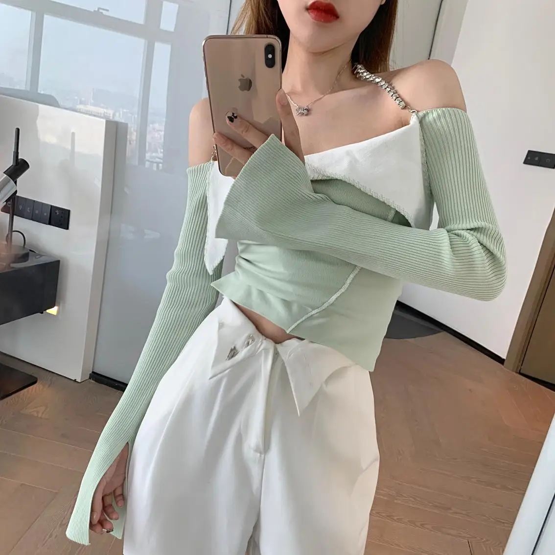 Early Spring Women's High Street Beading Chain Strap Splicing Knitting Tops Camis YOU173