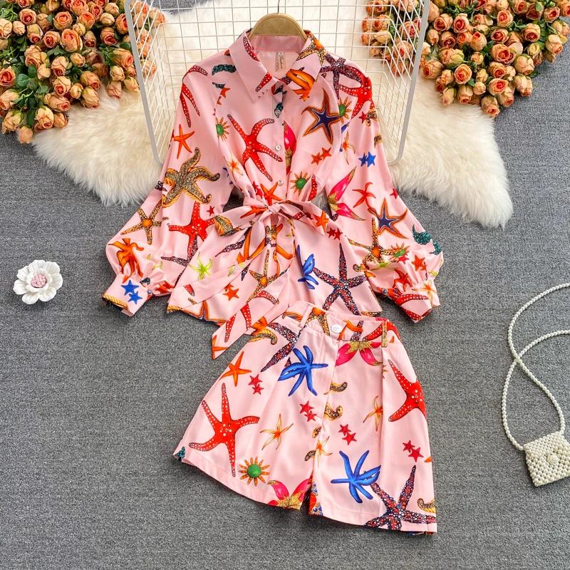 

2021 Autumn New Style Starfish Shell Print Lapel Shirt Long Sleeve Two-piece Suit High Waist Wide Leg Shorts Fashion Suit