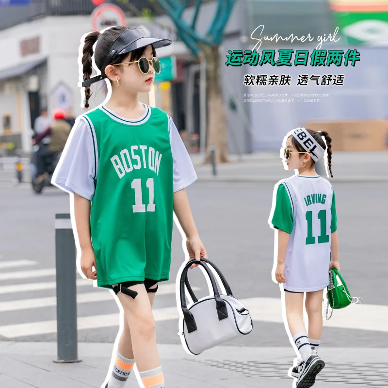 

Girl Sport T Shirts Summer Baby Tops 3 8 10 12 14 Y Fashion Print Kids T-Shirts Fashion Cartoon Casual Tops fake 2 Piece Sets