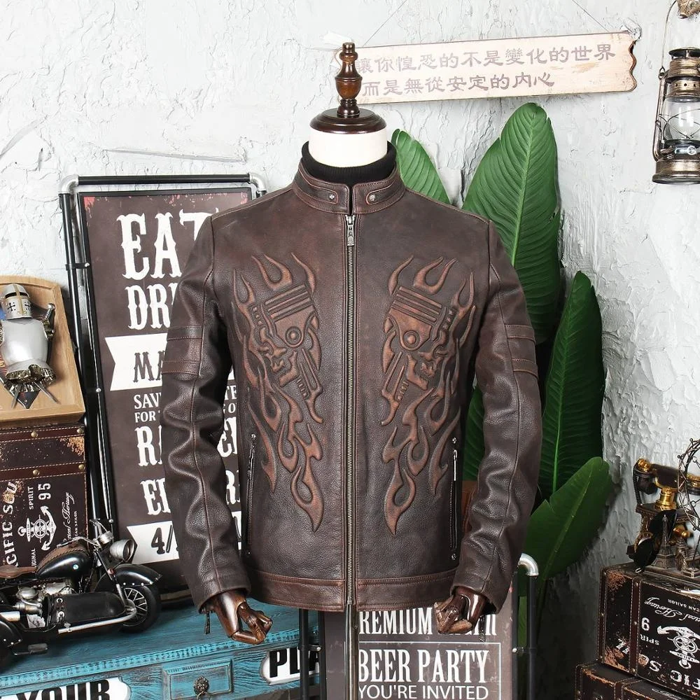 

Мужская винтажная Байкерская кожаная куртка, коричневый облегающий Байкерский жакет из натуральной воловьей кожи, модель 2021 года