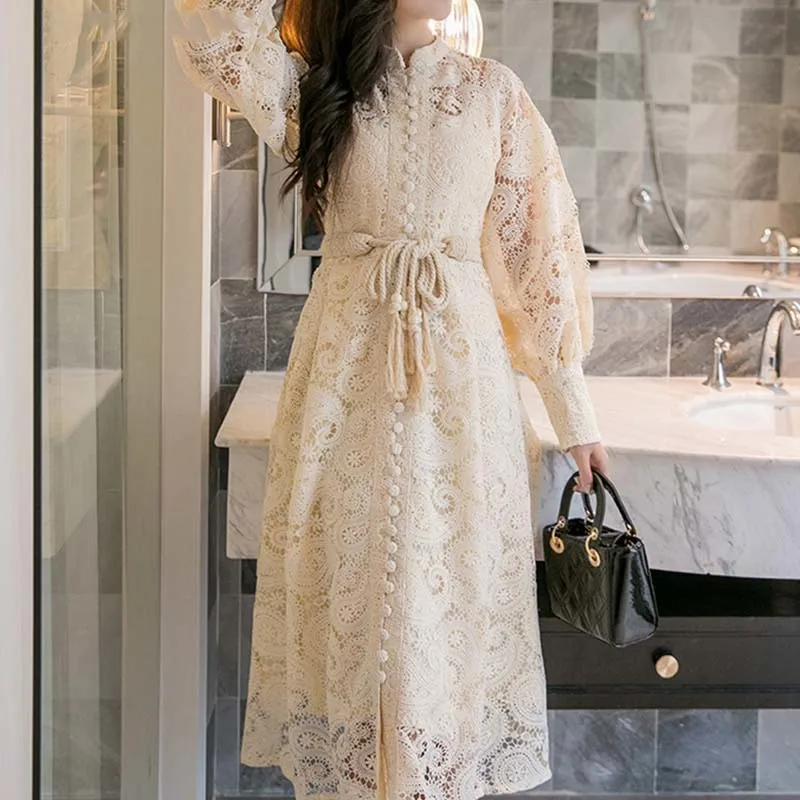 

Женское винтажное платье макси Wenfly, кружевное однобортное платье с круглым вырезом и длинными рукавами-фонариками, элегантное платье с выр...