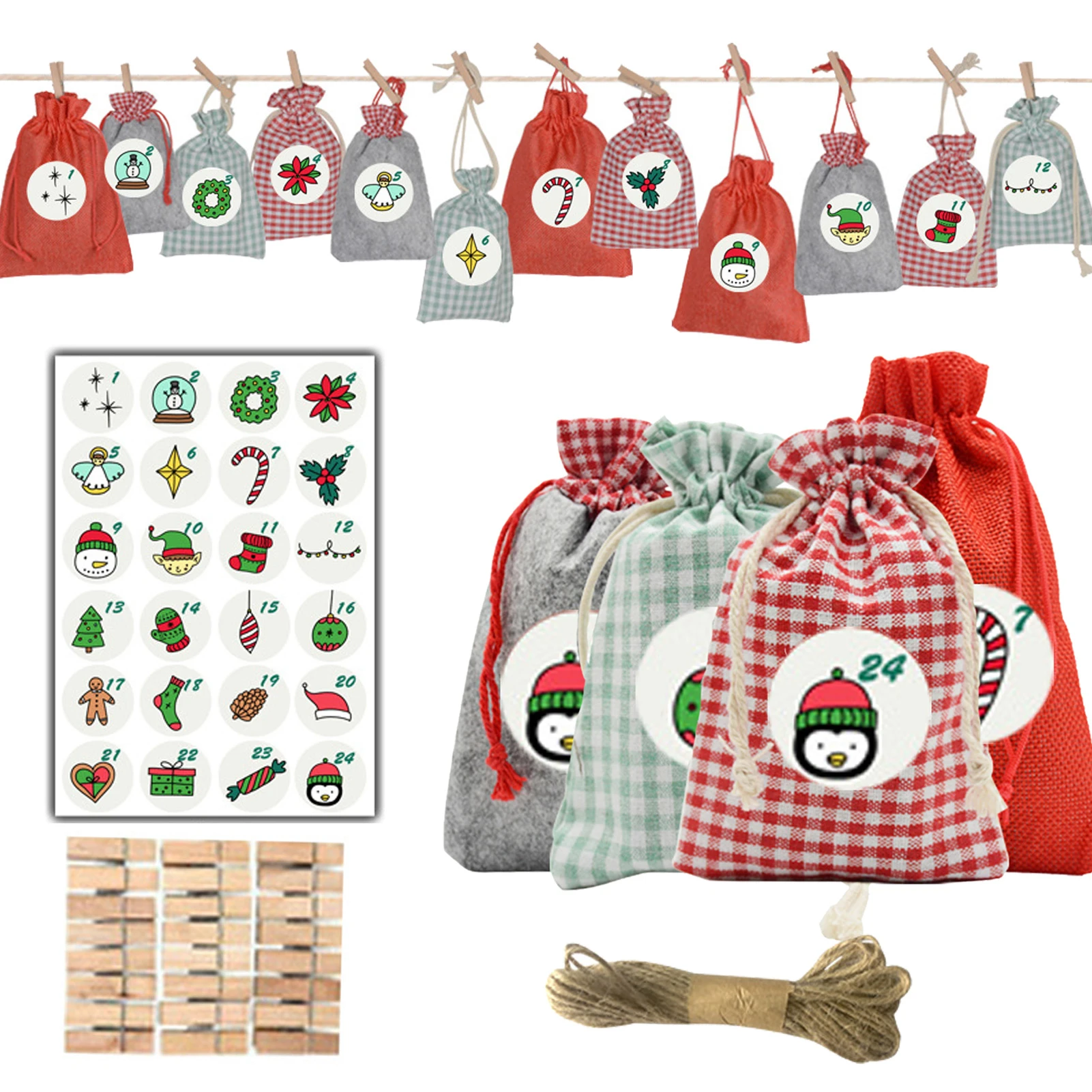 

24PCS Christmas Advent Calendar Bag With Rope Clips Stickers Xmas Countdown Drawstring Sack Candy Gift Pouch Hanging Ornamnet