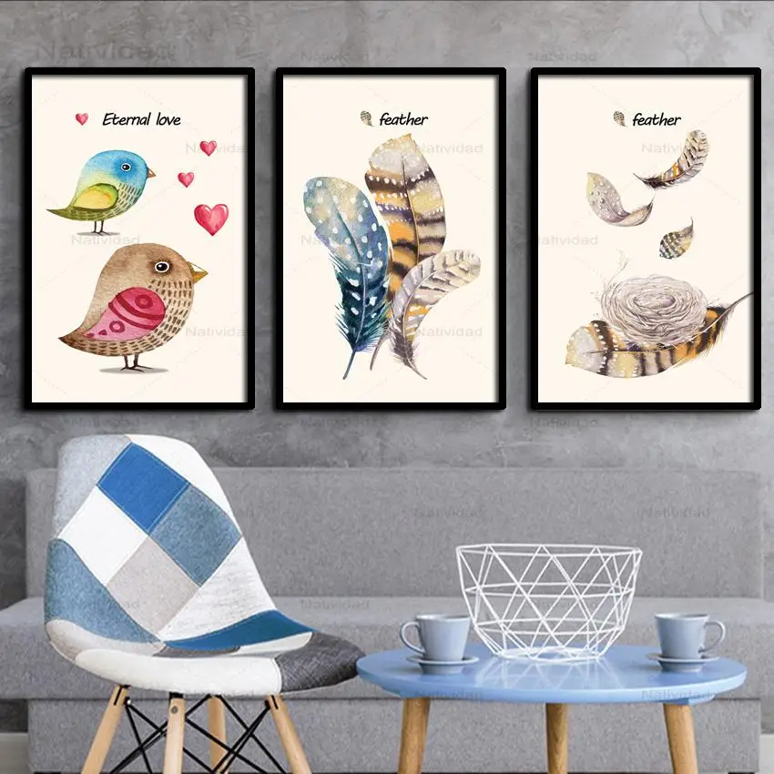Настенные плакаты в скандинавском стиле рисование на холсте с птицами и перьями