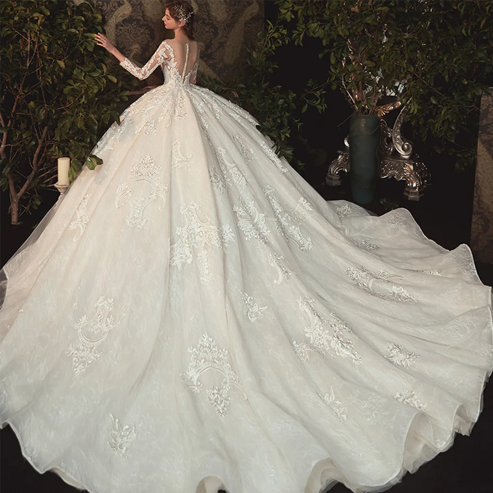 

Кружевное Свадебное бальное платье принцессы с бусинами и жемчужинами, роскошное свадебное платье с длинным рукавом, платье принцессы
