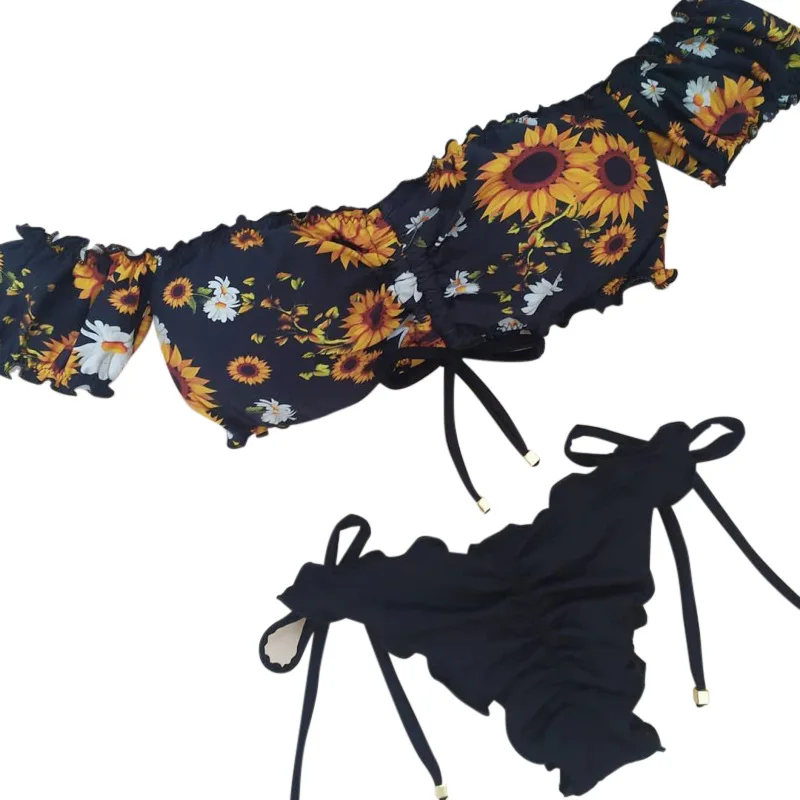 

Mandylandy Sunflower Floral Printed Women Fashion Bathing Suits Mid Waist Swimsuits Bandage Bikini Set Beach Wear