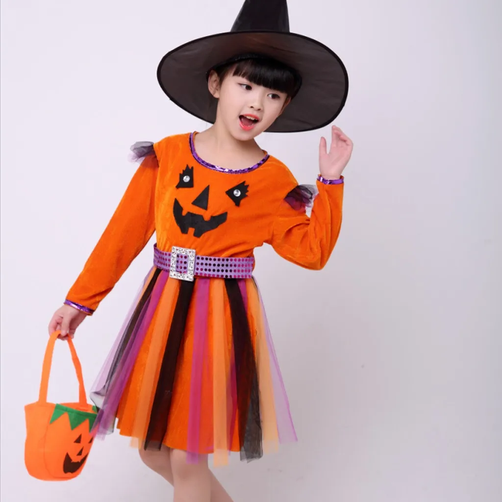 girl winter dress Toddler girls long sleeve Kids Baby Girl Halloween Pumpkin Tulle Dress+Cap+Bags Outfits Autumn Costume | Детская
