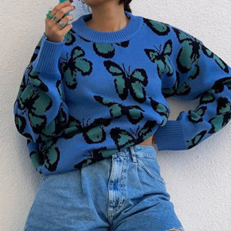 

Blue Butterfly Sweater Jumper Pullovers Women 2021 Sweater Knit Sweater Women Cute Sweater Aesthetic Sweater