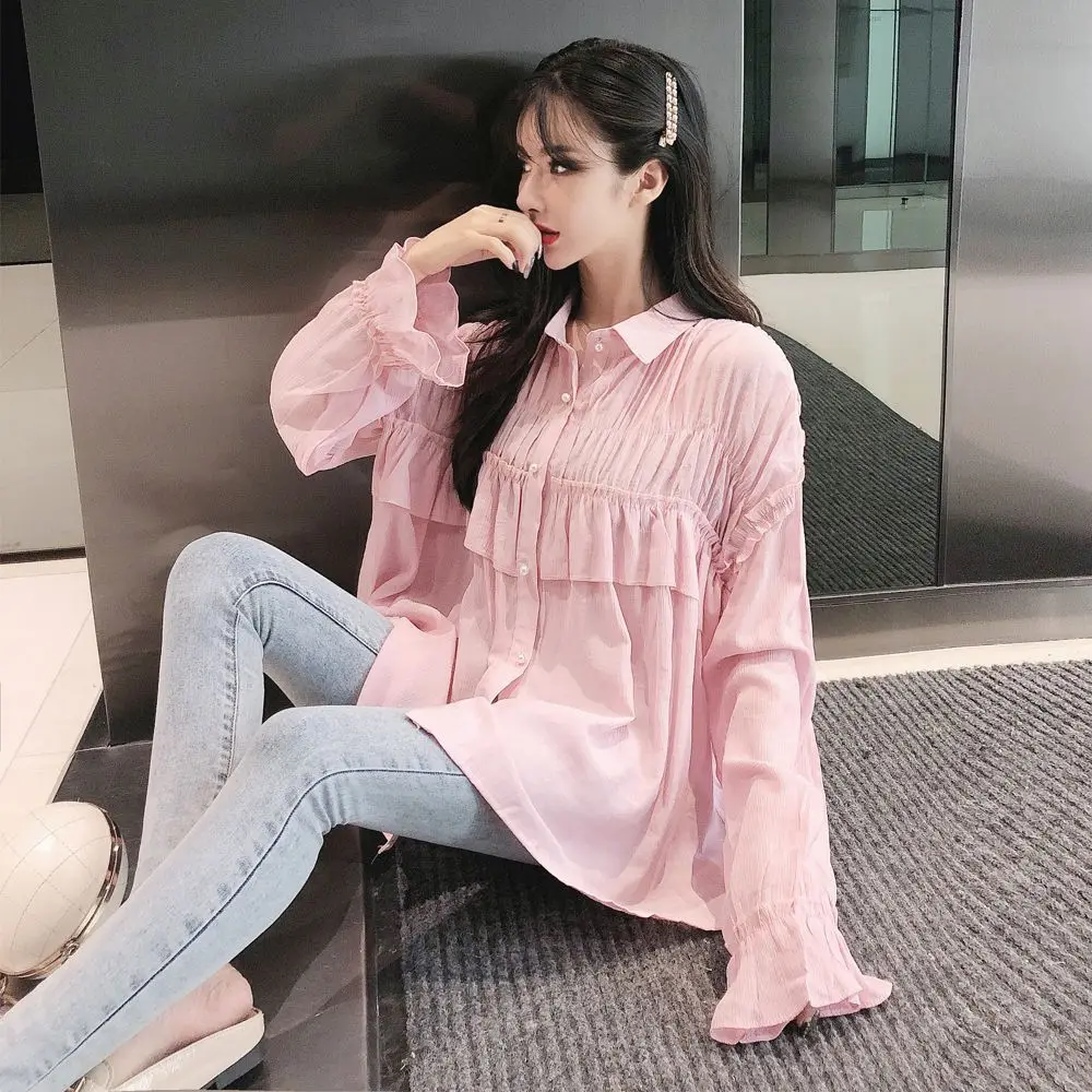 Новые осенние милые женские рубашки с оборками и длинным рукавом Свободная Hong Wind