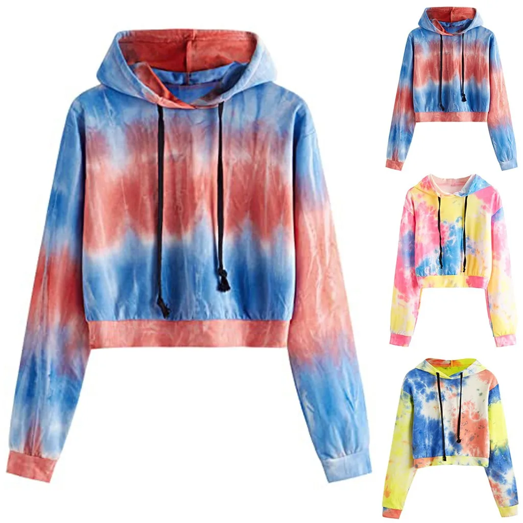 

2020 Fashion Womens Tie Dye Hooded Sweatshirt Ladies Baggy Pullover Tops Autumn Long Sleeve Loose Drawstring Jumper Hoodies