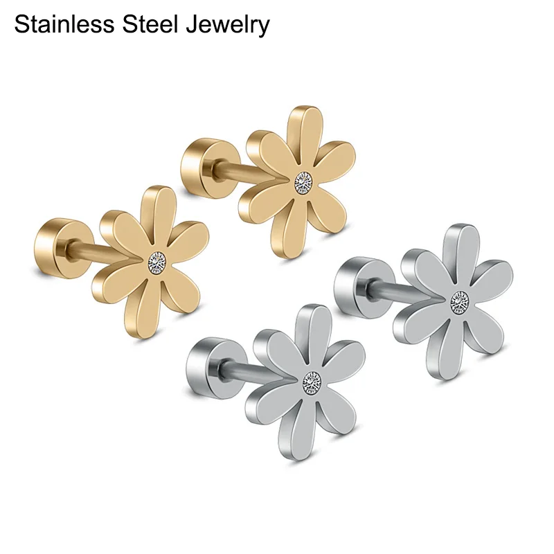 

Fashion Small Stud Earrings For Women Girls Stainless Steel Flower Earrings Cute Jewelry Gold Color Screw Back