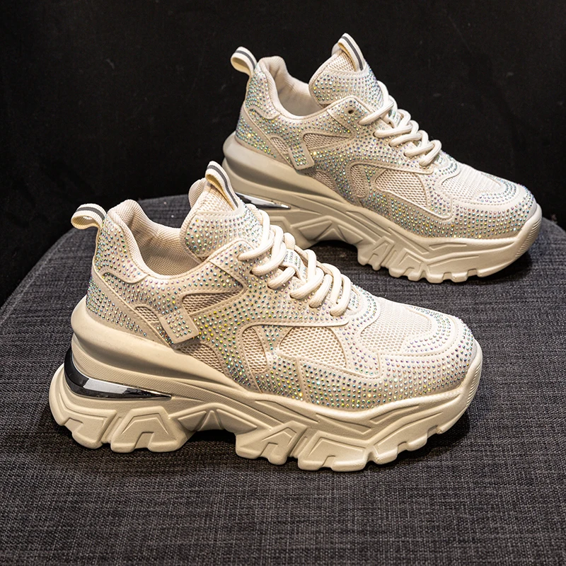 

Женские кроссовки в стиле ретро, спортивная обувь на толстой подошве, дышащая повседневная обувь Стразы для пожилых пап, весна 2021