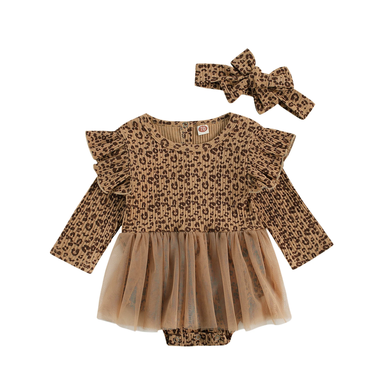 

Infant Newborn Baby Girls 0-18M Long Sleeve Ribbed Leopard Jumpsuits Mesh Bodysuits Skirts Spring Autumn Outfits +Headband