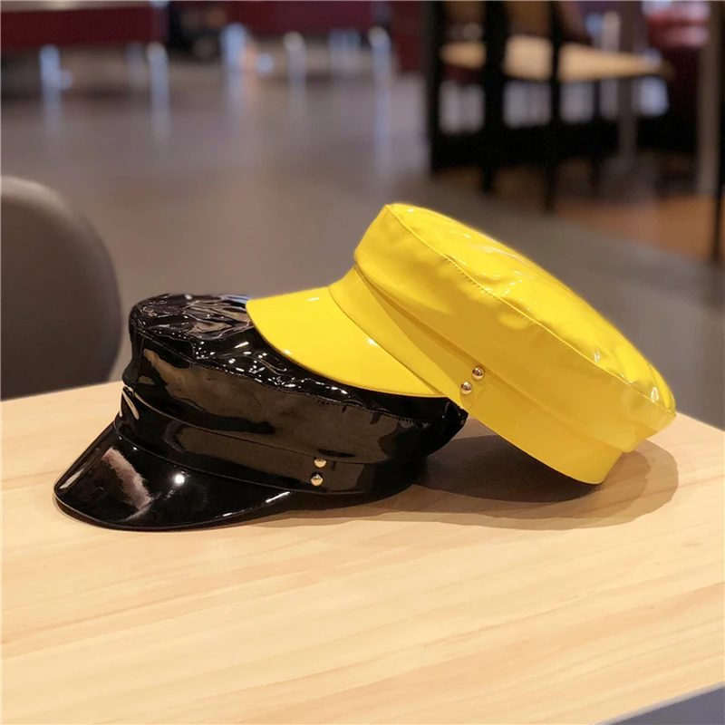 

New Fashion Military Hats High Quality Ladies Cap Solid Color Flat Top Hat PU Leather Bone Captain Women Autumn Berets