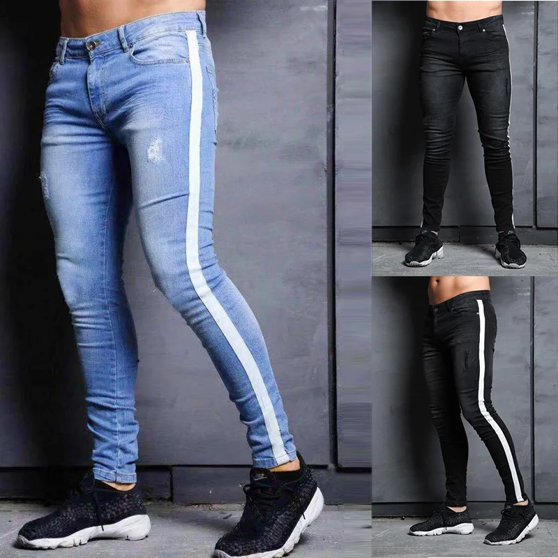 Black Ripped Jeans Men Fashion Side Stripe Stretch Skinny Denim Pencil Pants Hombre Slim Knee Hole Distressed Jeans Pantalones