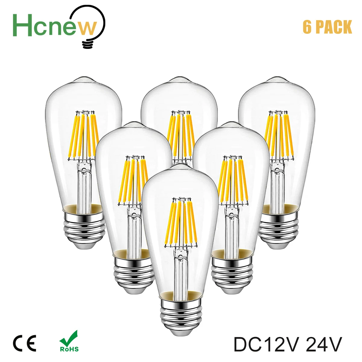 Hcnew DC/AC 12V 24V Retro Edison LED filament lamp ST58 6W Daylight White 4500k Low Voltage Warm White 2700K equivalent 60W Lamp