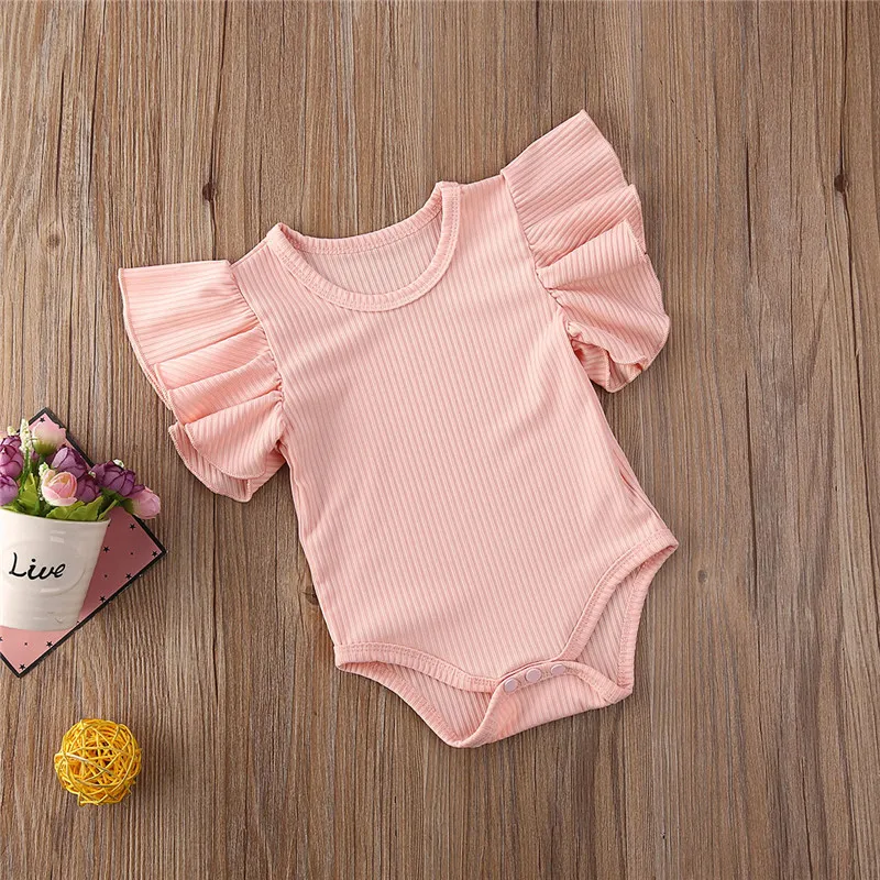 Baby Clothing Newborn Infant Girl Cotton Jumpsuit Bodysuit Solid Color Ruffle Short Sleeve Ribbed Outfits Sunsuit Sweet Set | Детская