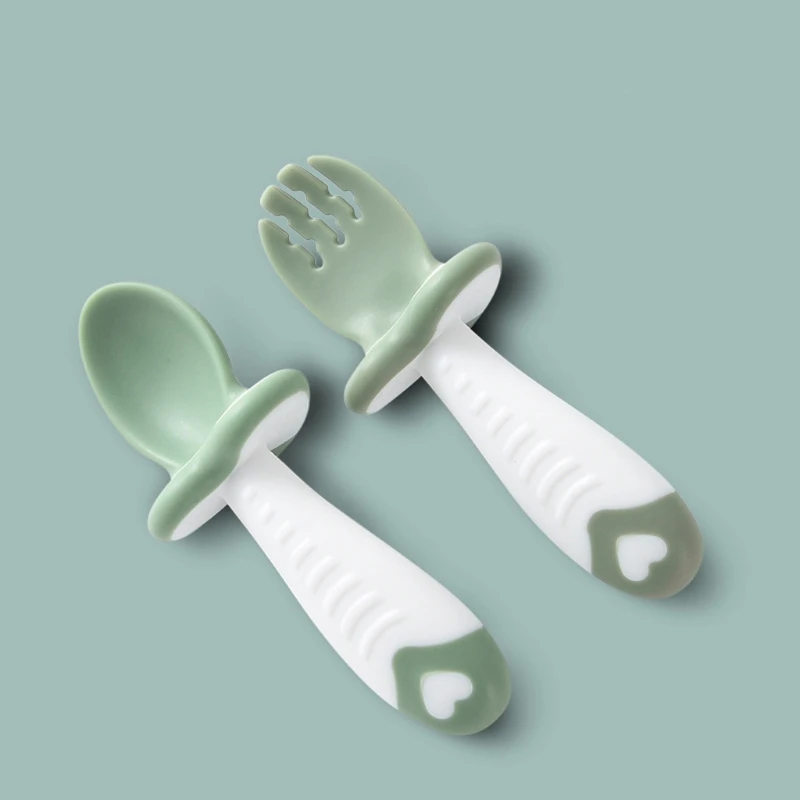 

R9UE 2Pcs/Set Baby Training Soft Head Spoon and Fork Short Handle Kids Spoon Fork Set BPA Free