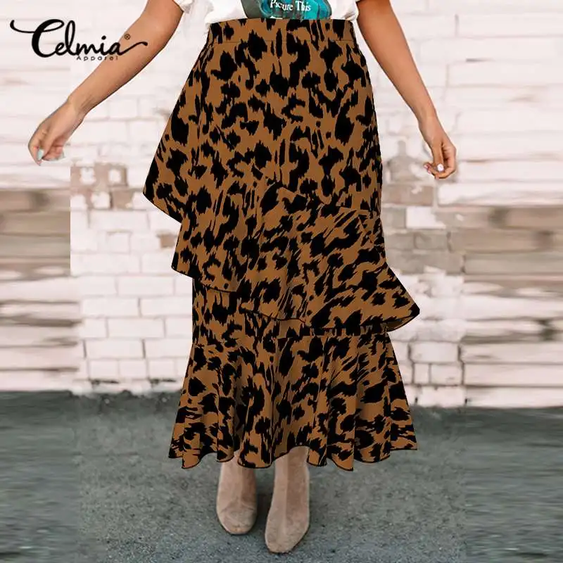 

Celmia 2021 женские богемные юбки с оборками, летние сексуальные юбки-трапеции с леопардовым принтом, Элегантные Свободные Юбки миди с высокой т...